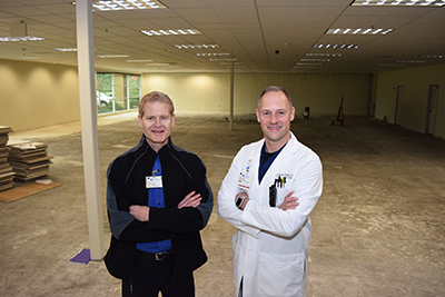 NorthBay Rehabilitation Manager Doug Hinton (left) and orthopedic surgeon Cornelis Elmes, M.D. check out their future office space.